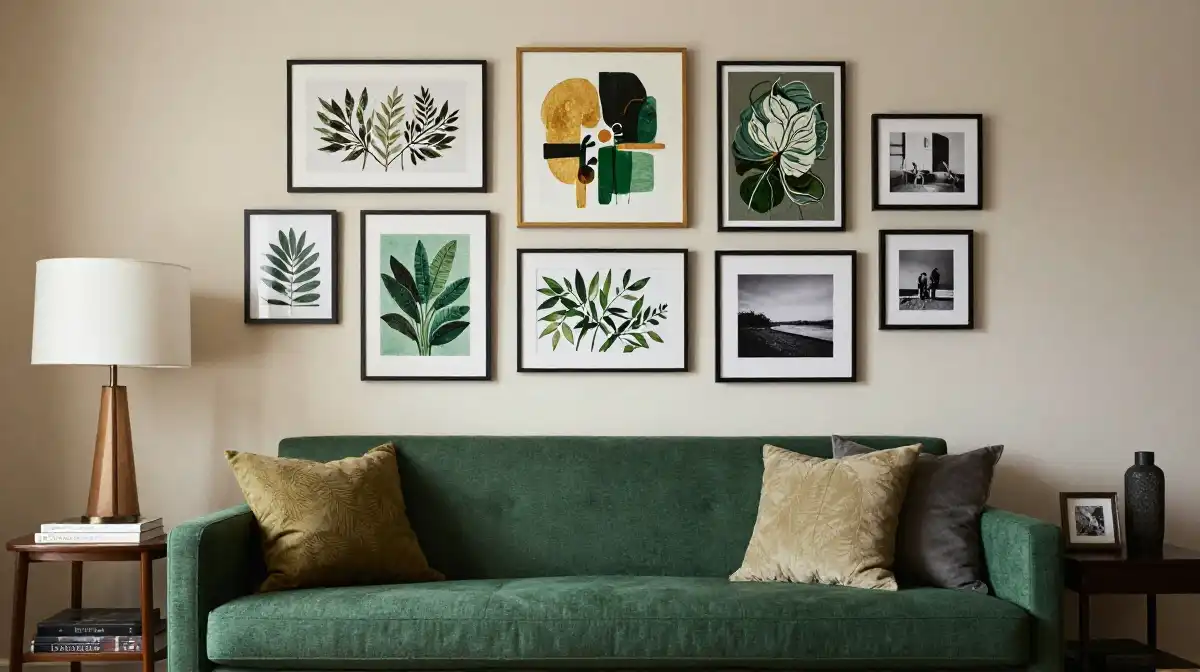 Idea 9 — Emerald Green Sofa With Gallery Wall and Eclectic Art Display
