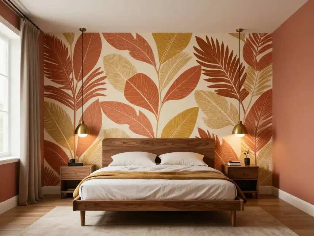 Idea 9 — Mid Century Modern Master Bedroom With Bold Wallpaper Feature Wall