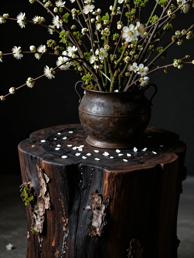 Nature Reclaimed: Infusing Raw Wooden Surfaces with Wild Early Blooms