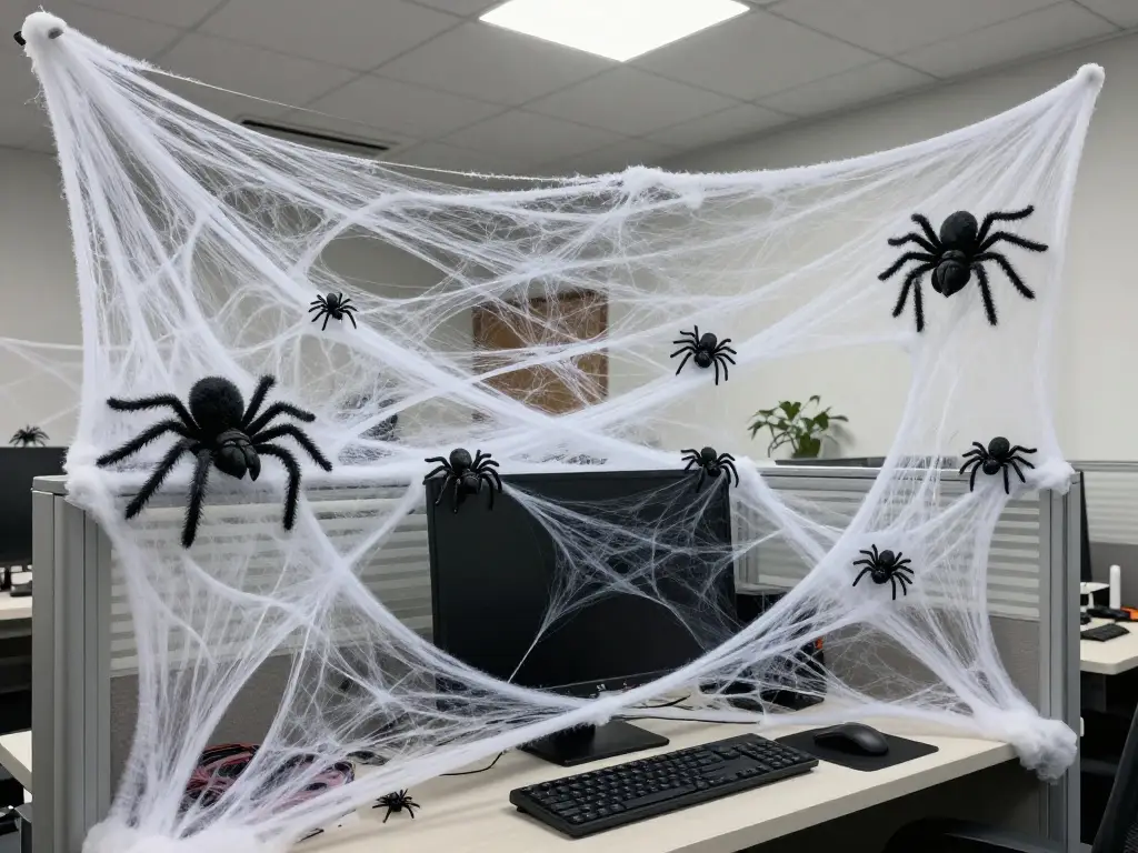 Halloween Cubicle Decoration Ideas Using Cobwebs and Spiders