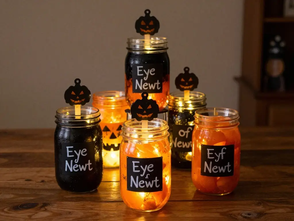 Halloween Table Centerpieces Using Mason Jars and Bottles
