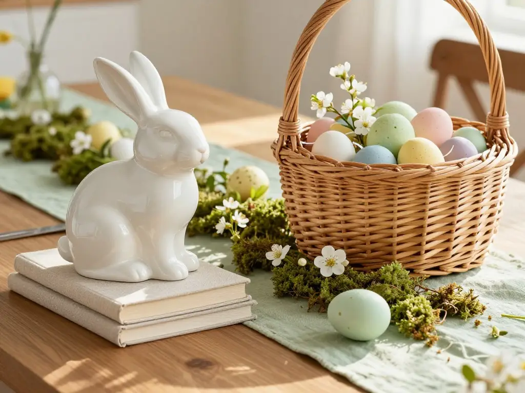 How Ceramic Bunnies and Wicker Baskets Anchor a Cohesive Easter Tablescape
