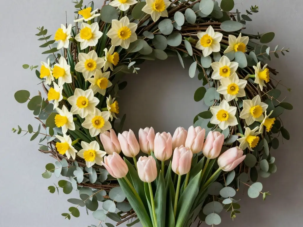 How to Layer Tulips Daffodils and Greenery for a Wreath With Real Visual Depth