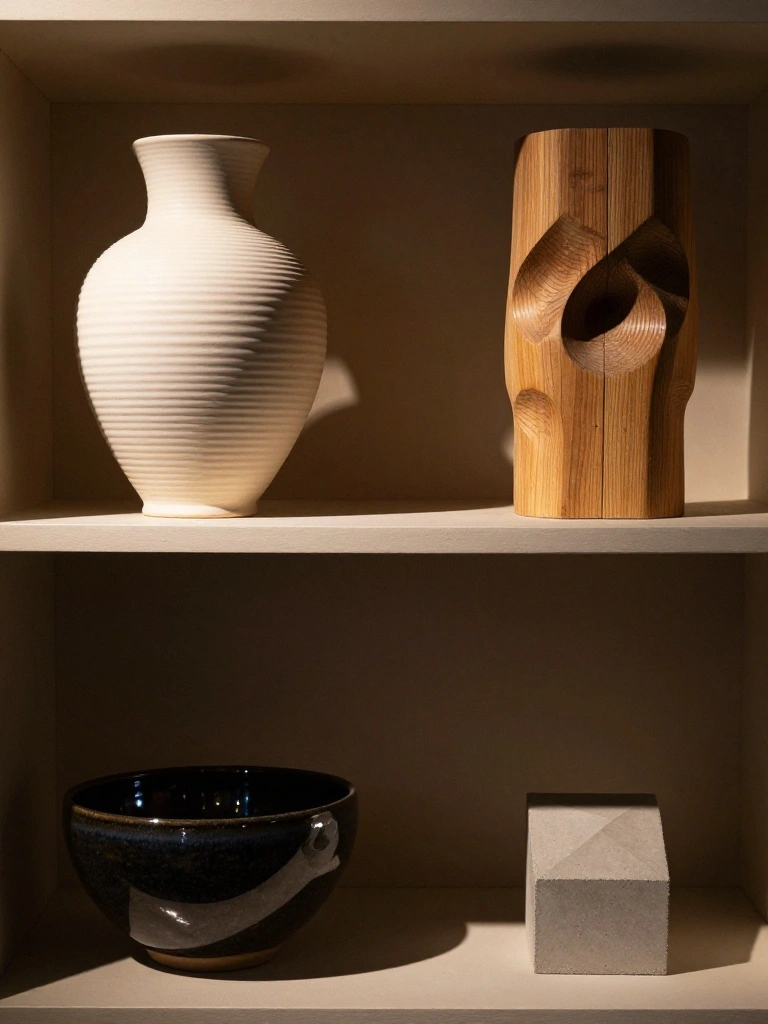 Ceramic and Sculptural Objects That Anchor a Winter Shelf Composition