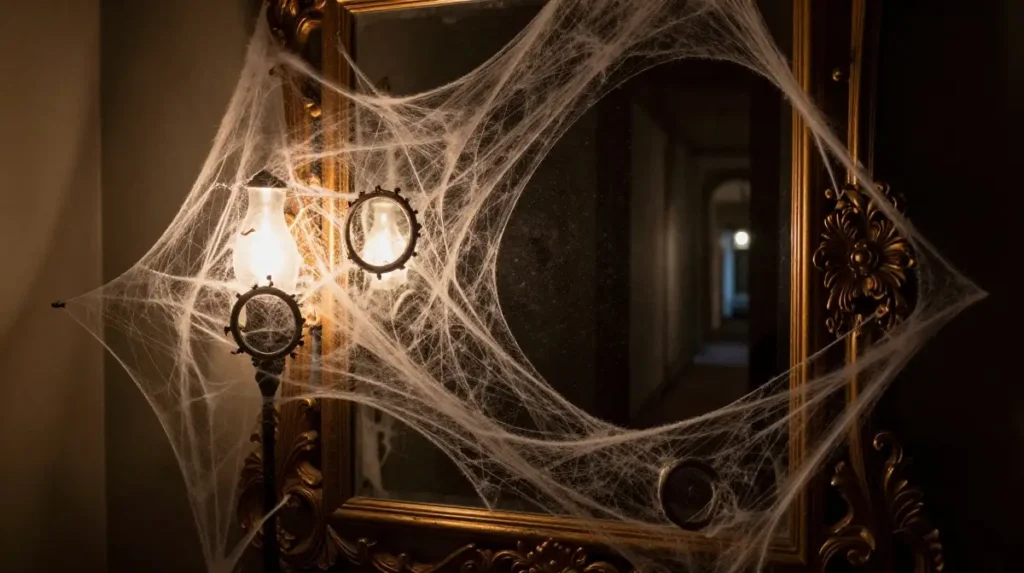 Spider Webs Stretched Across the Mirror Create an Unsettling Welcome