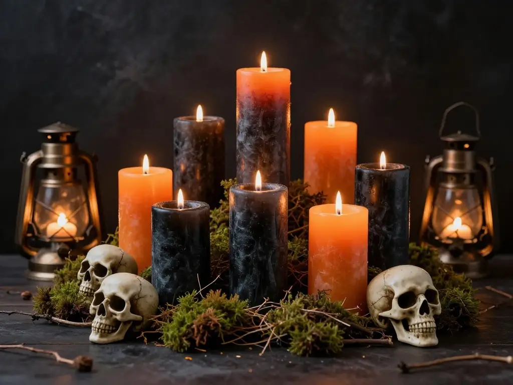 Halloween Table Centerpieces with Candles and Lanterns