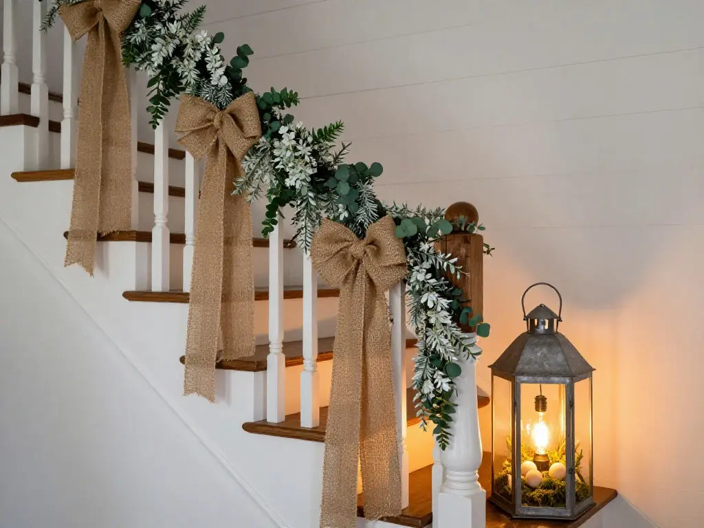 Farmhouse Easter Staircase Styling with Burlap Greenery and Woven Textures