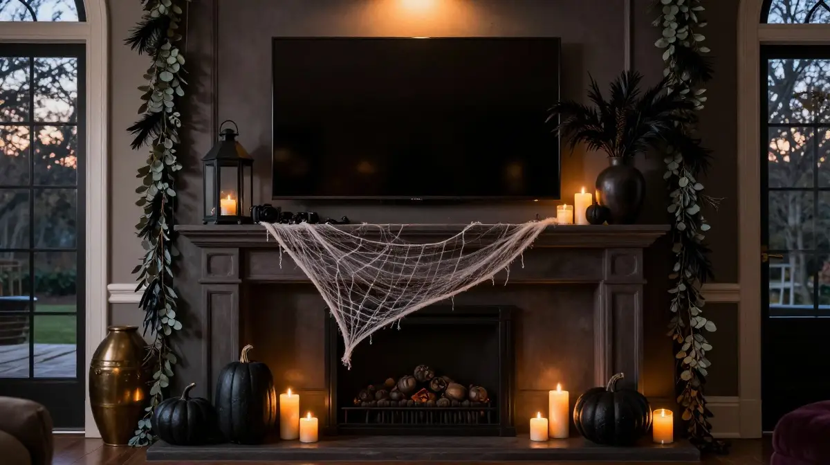 halloween mantle decor with tv