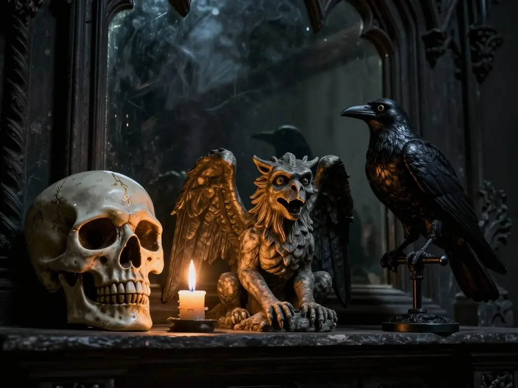 Skull Gargoyle and Raven: The Sculptural Icons of Gothic Mantel Mastery
