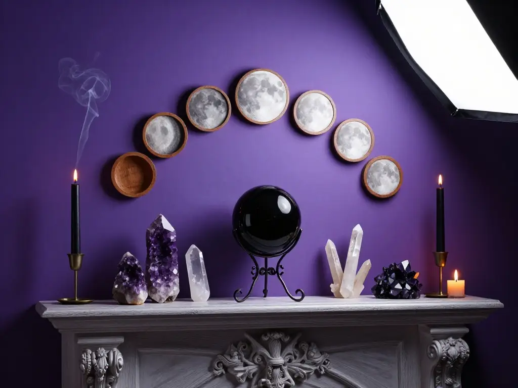 Moon Phase Crystals and Celestial Mystery on the Perfectly Styled Mantel
