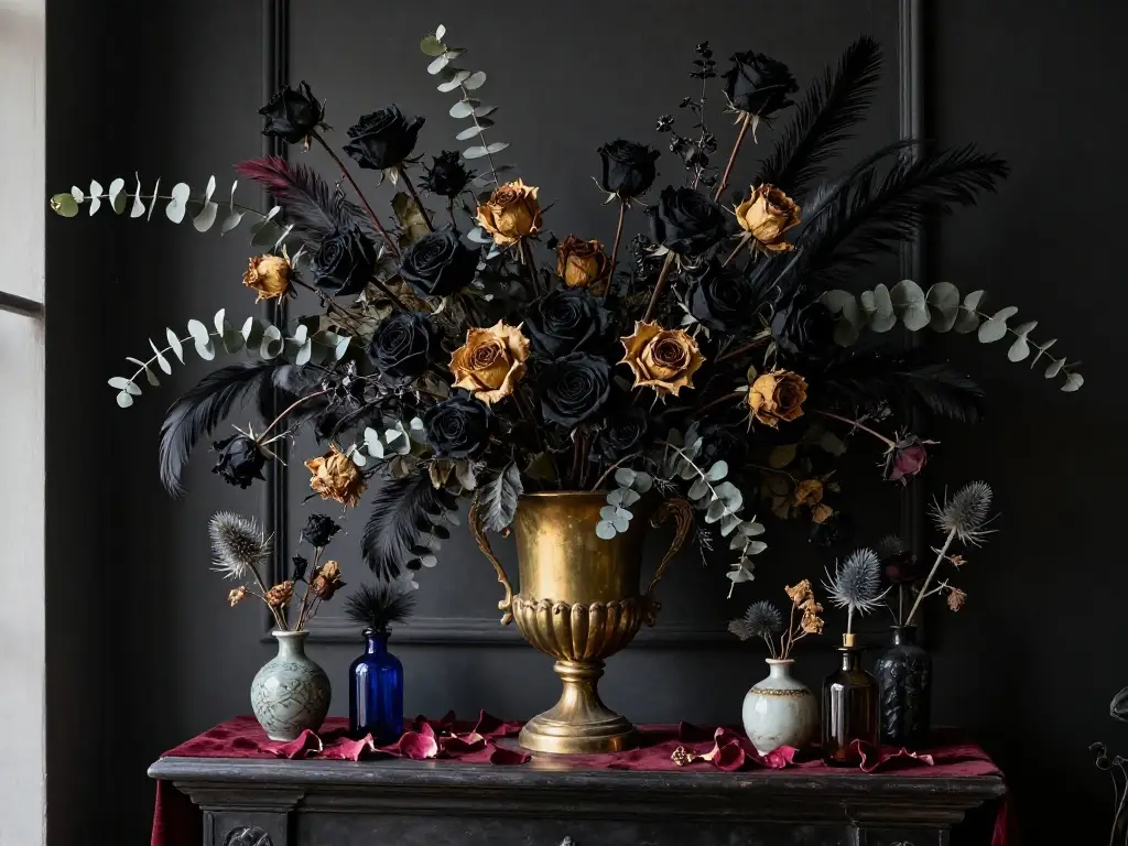 Black Florals Dried Roses and Botanical Drama in Gothic Mantel Vignettes