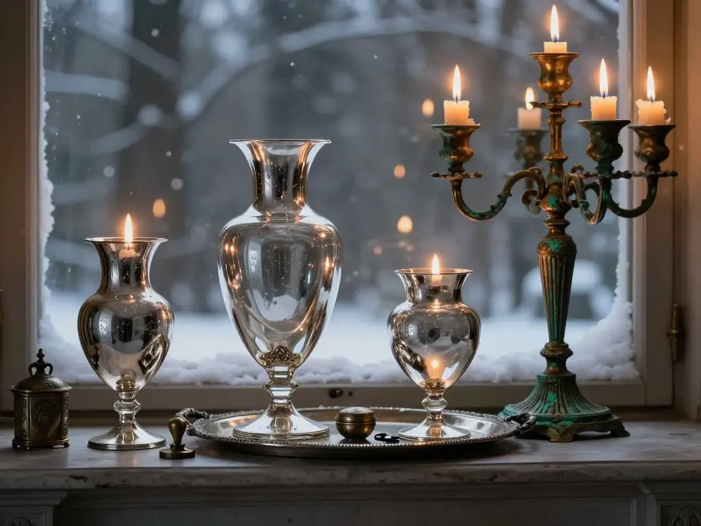 Mercury Glass Aged Bronze and Tarnished Silver on the Moody Winter Mantel