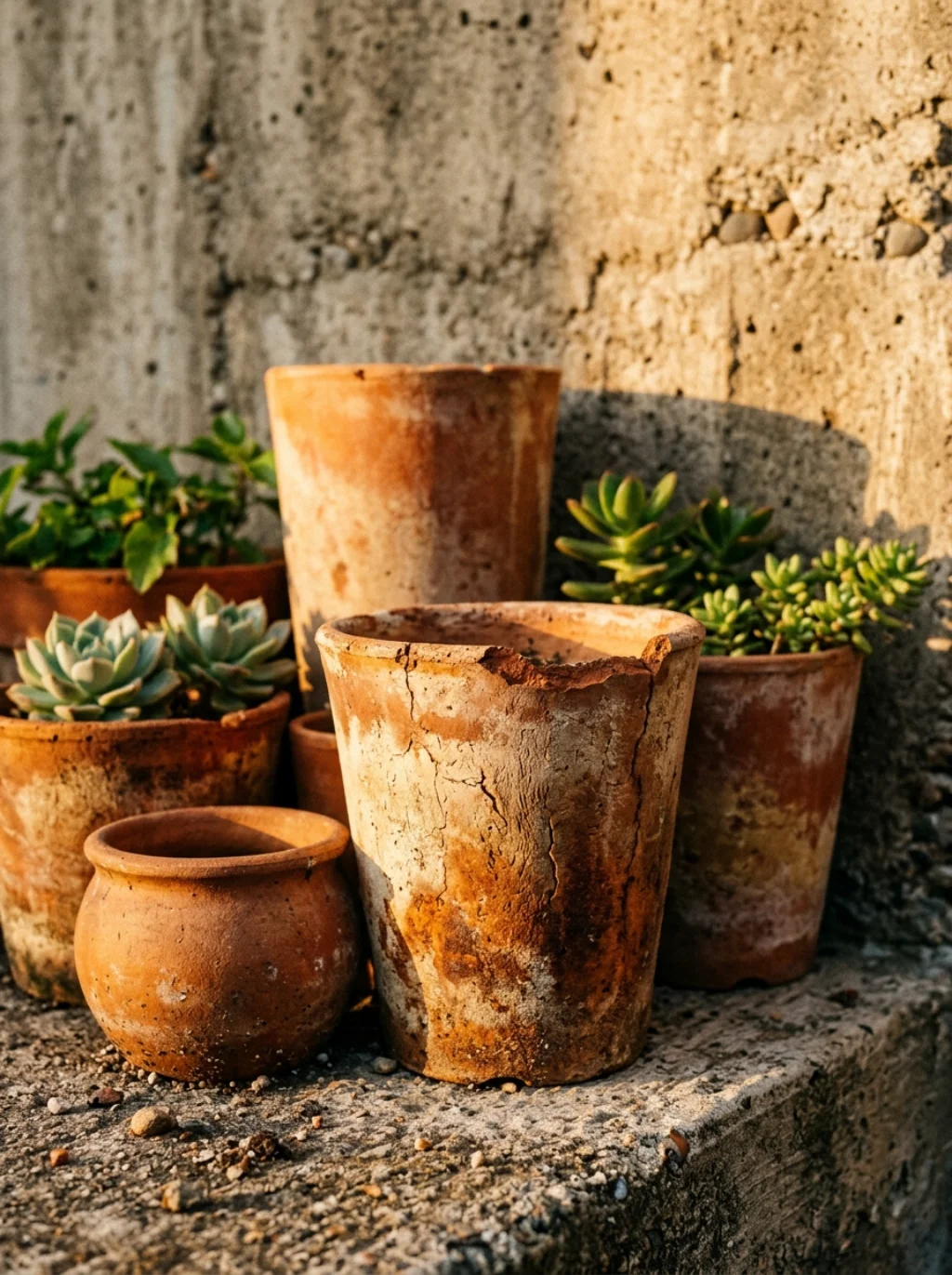 Terracotta Planters Bring Sun Warmed Color To A Bare Concrete Corner