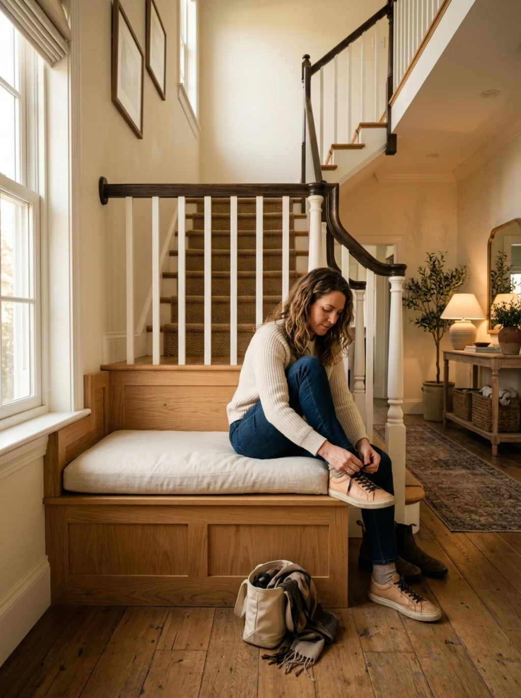A Built In Bench Turns Wasted Space Into a Functional Landing Spot