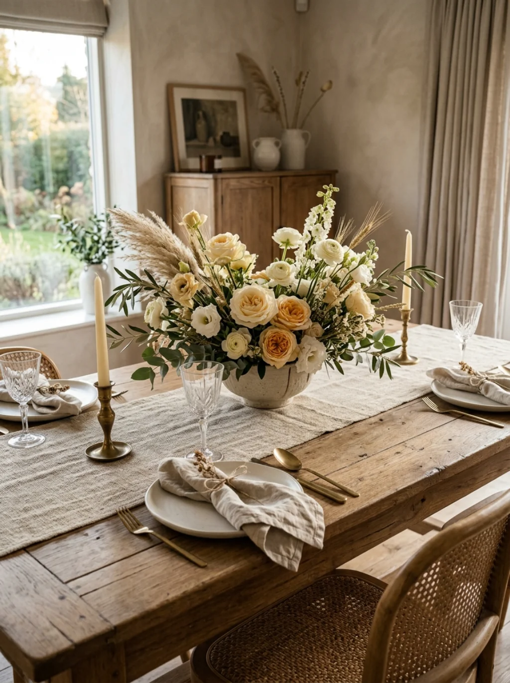 A Table Runner Grounds a Centerpiece Full of Delicate Details