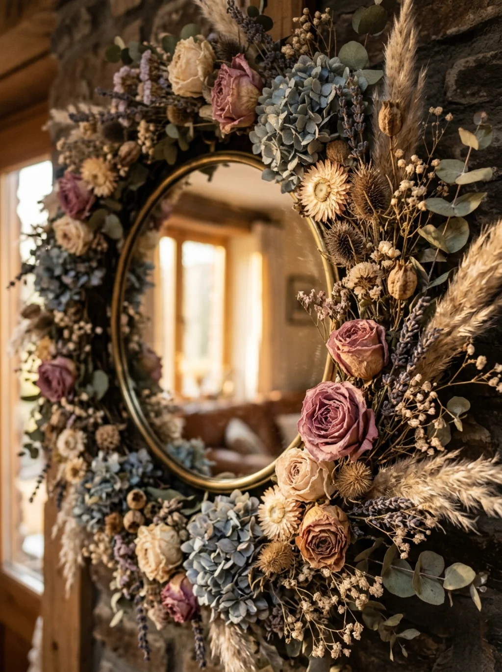 Dried Flower Wreaths Around A Mirror Outlast Fresh Blooms By Weeks