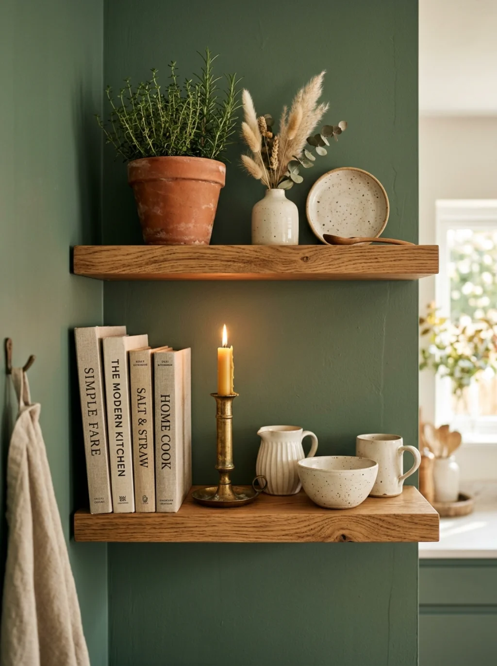 Open Shelving on Green Kitchen Walls Done in Ways That Actually Work