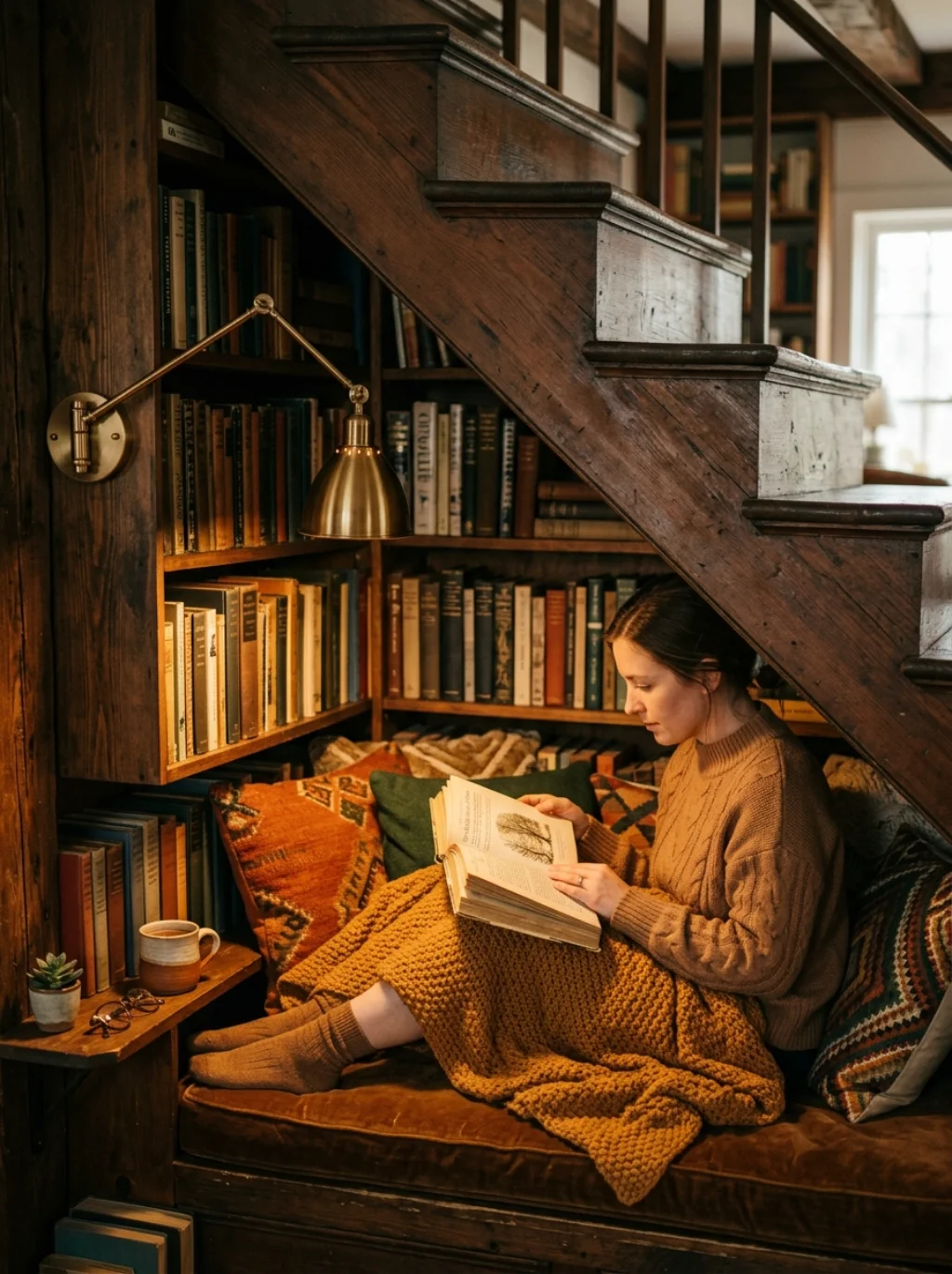 Bookshelves Tucked Under Stairs Feel Like a Secret Reading Corner