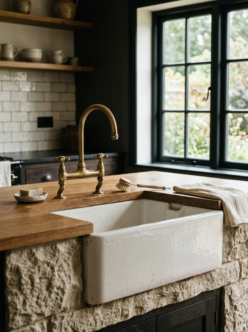 A Farmhouse Sink Nestled Into the Bend Becomes the Kitchen's Quiet Star