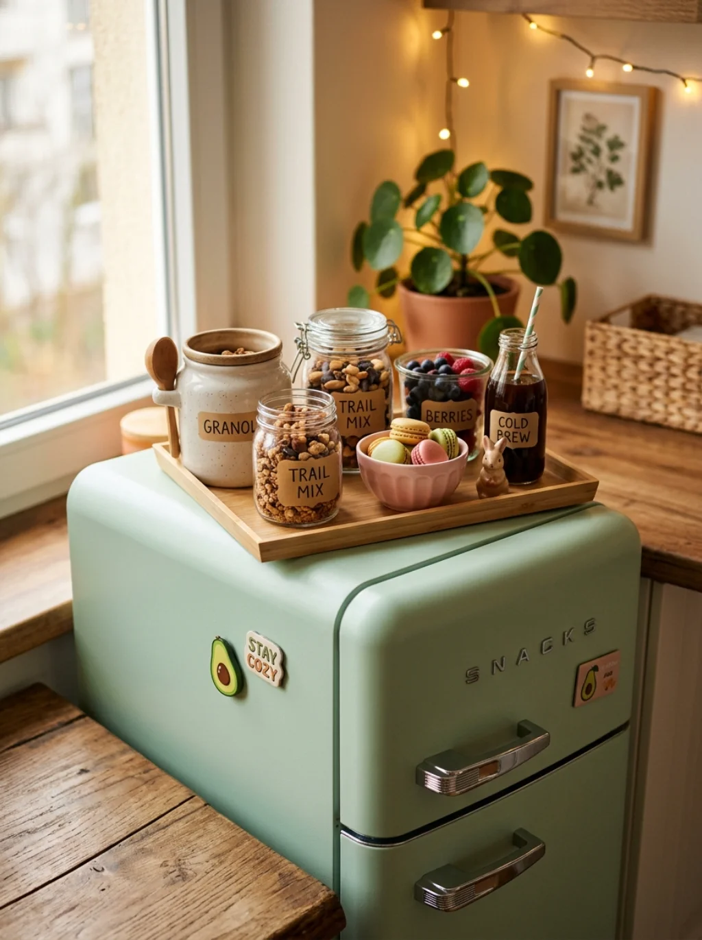 A Mini Fridge Setup Becomes a Stylish Snack Station Instead of Clutter