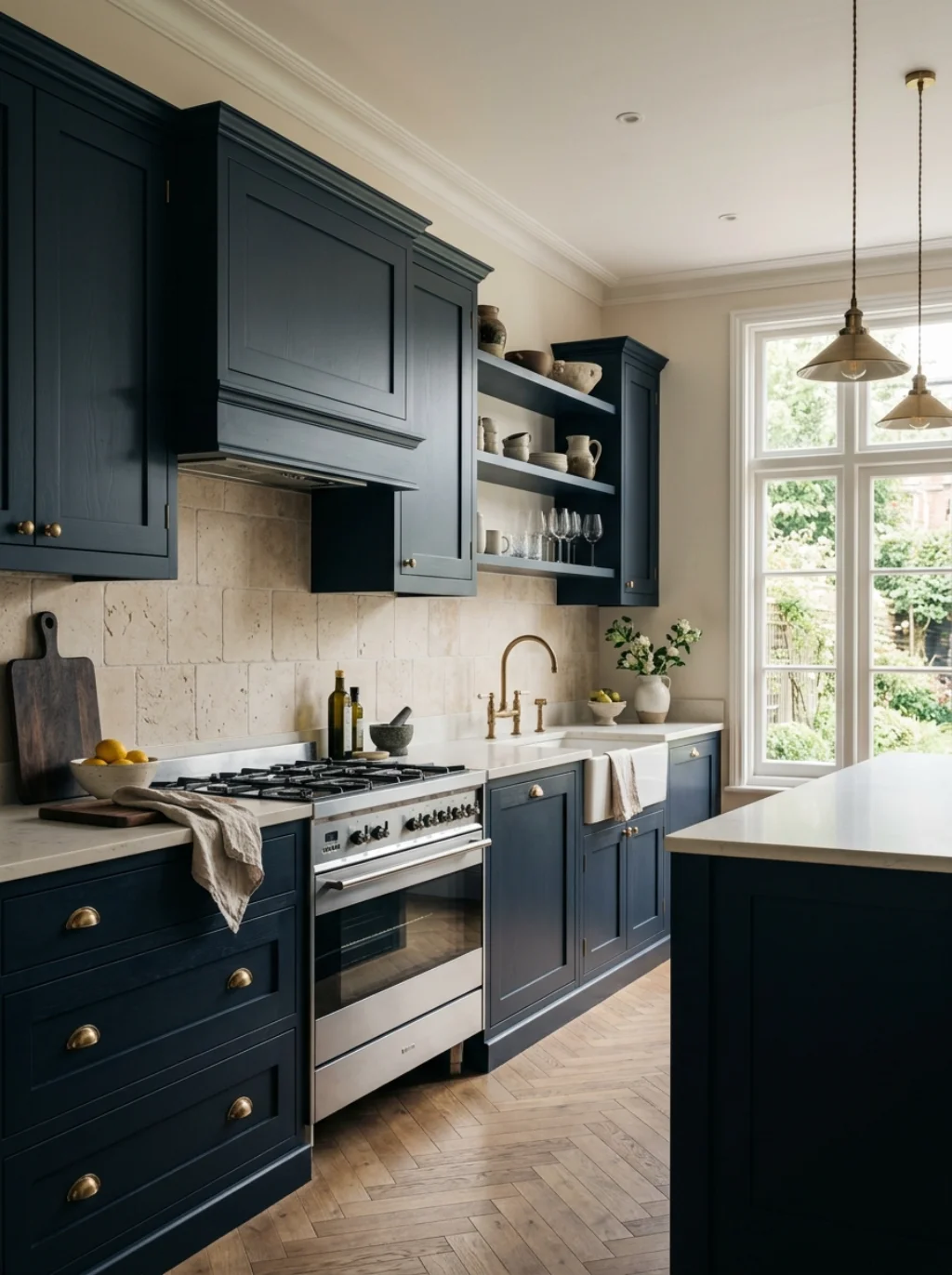 Dark Cabinets Meet Their Match in a Pale Stone Backsplash