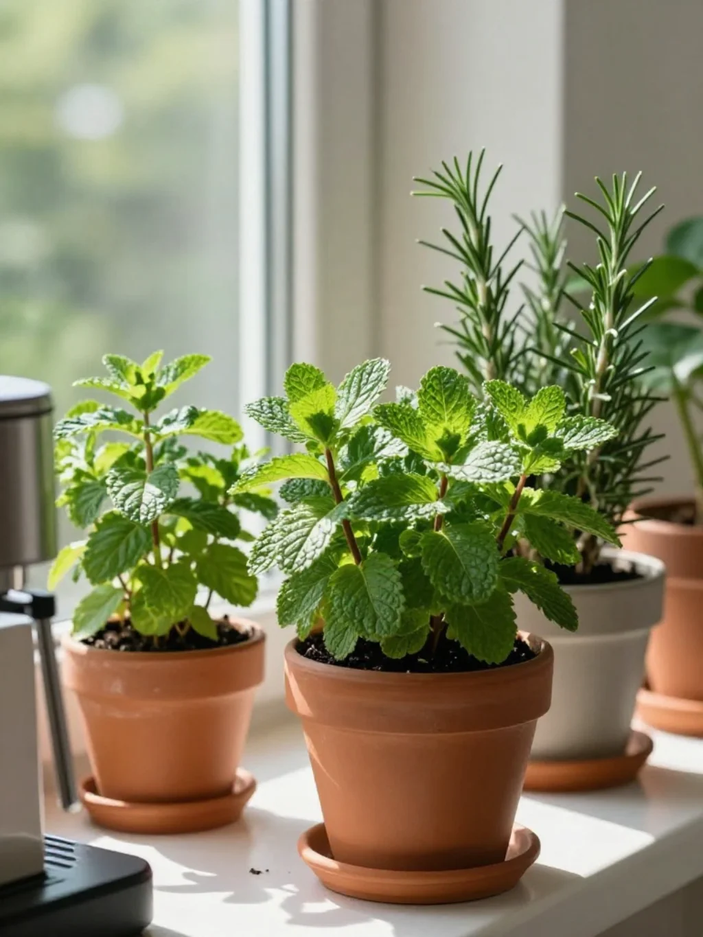 Potted Herbs Turn A Coffee Corner Into A Living Centerpiece