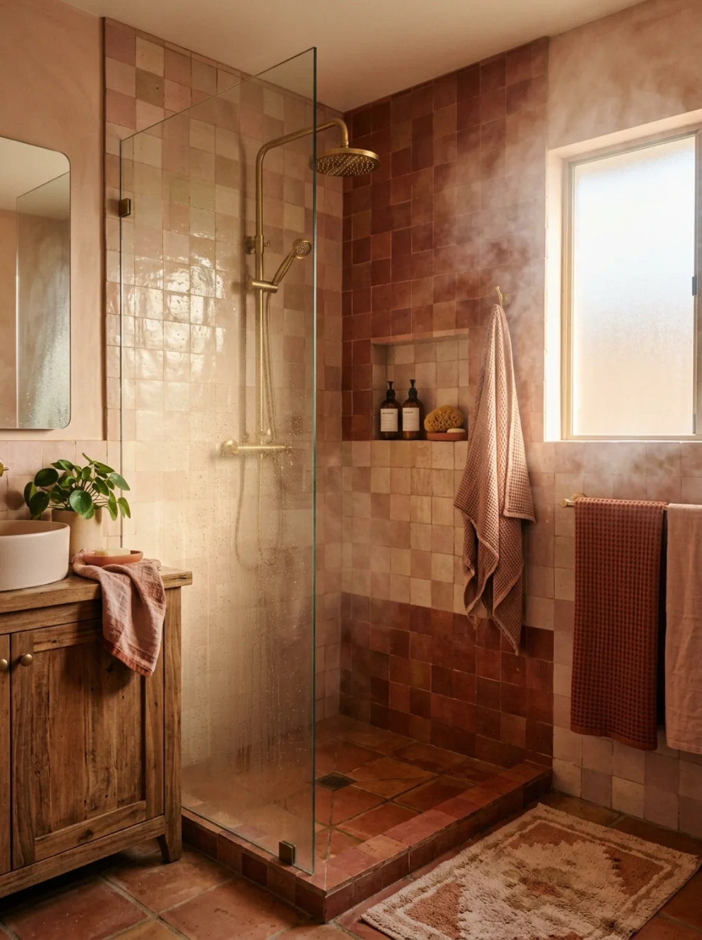 Warm Color Layering That Softens a Small Shower Instantly