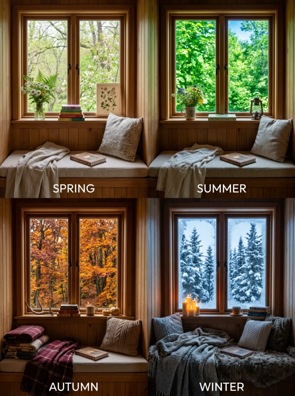 Seasonal Cabin Reading Nook Styling That Shifts With Every Changing View