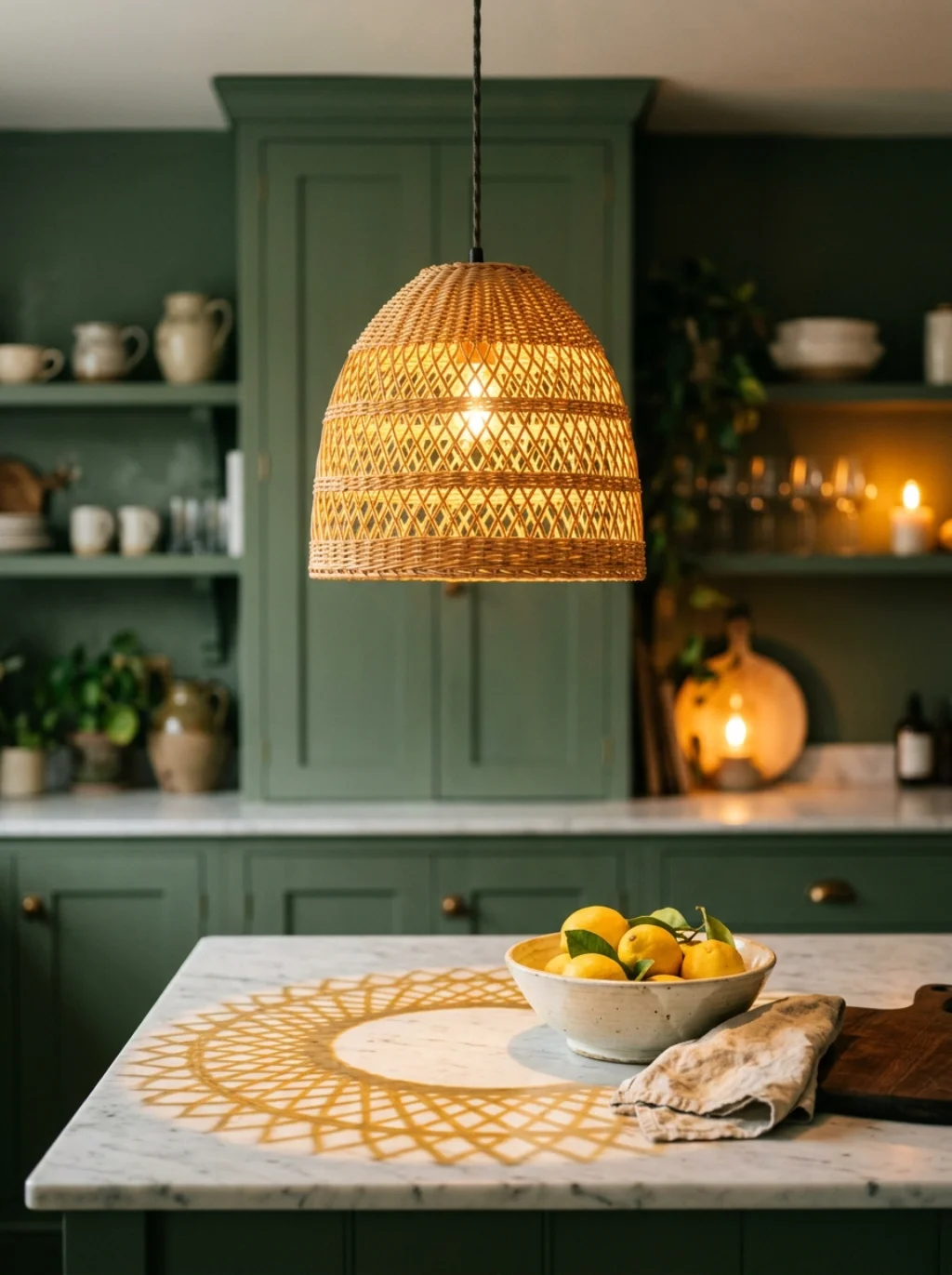 Rattan Lighting and Natural Textures That Make Green Kitchens Come Alive