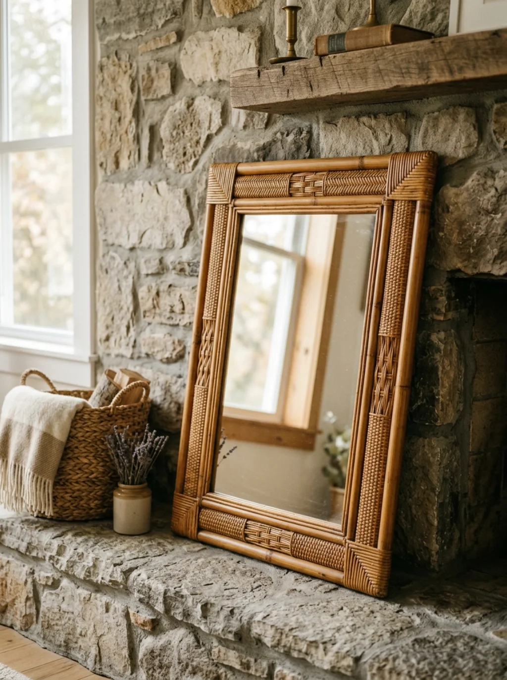 Rattan Textures Quietly Soften Hard Fireplace Lines Beautifully
