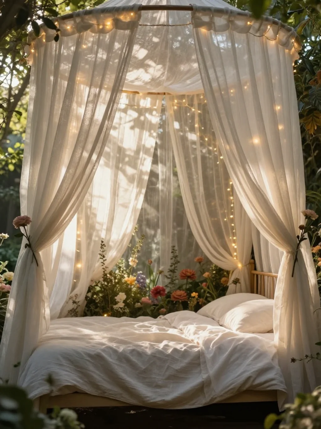 Canopy Bed Styling With Floral and Linen Drapes That Feel Dreamy and Soft