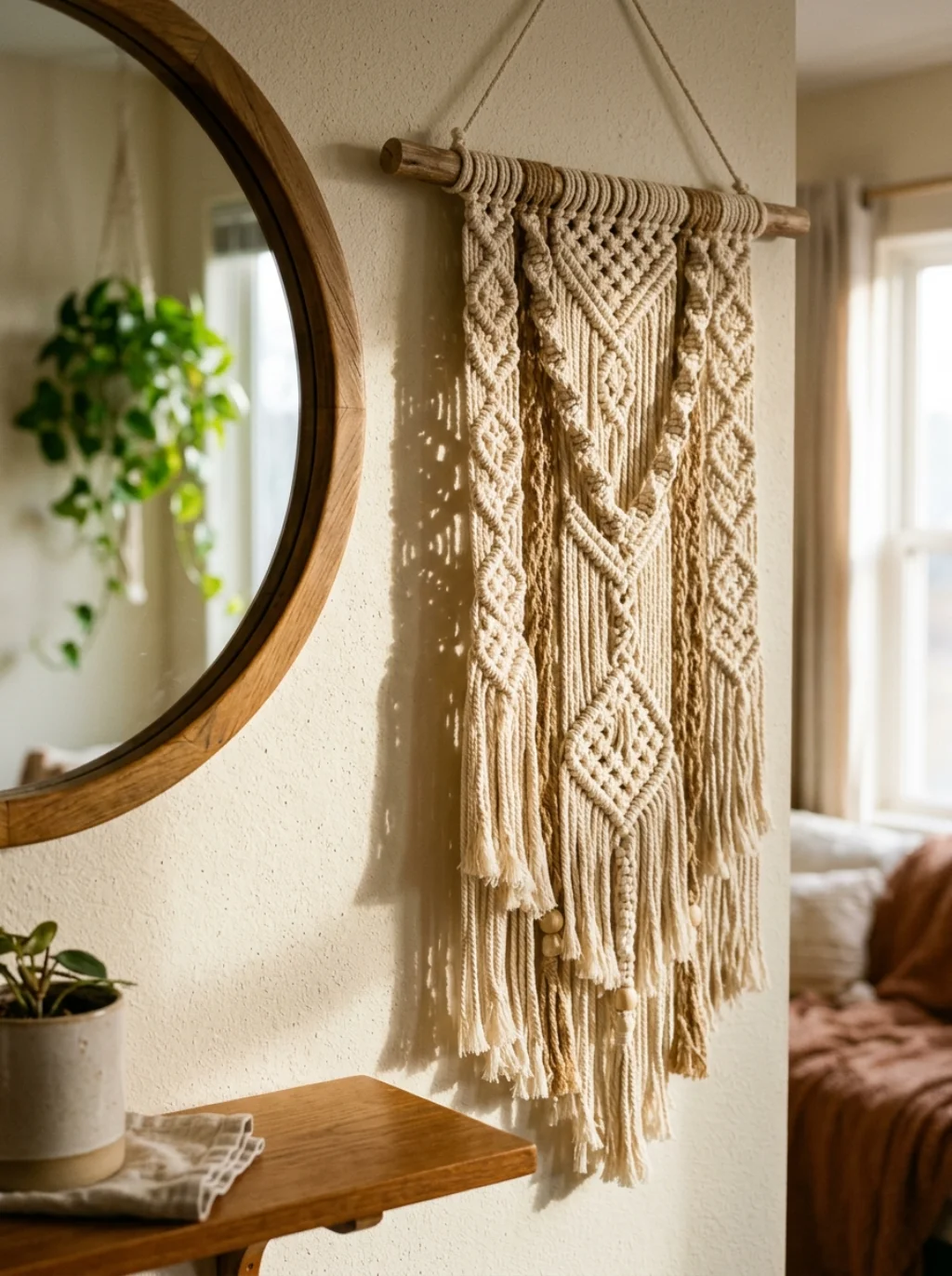 Macrame Accents Near A Mirror Soften A Room Starved Of Texture