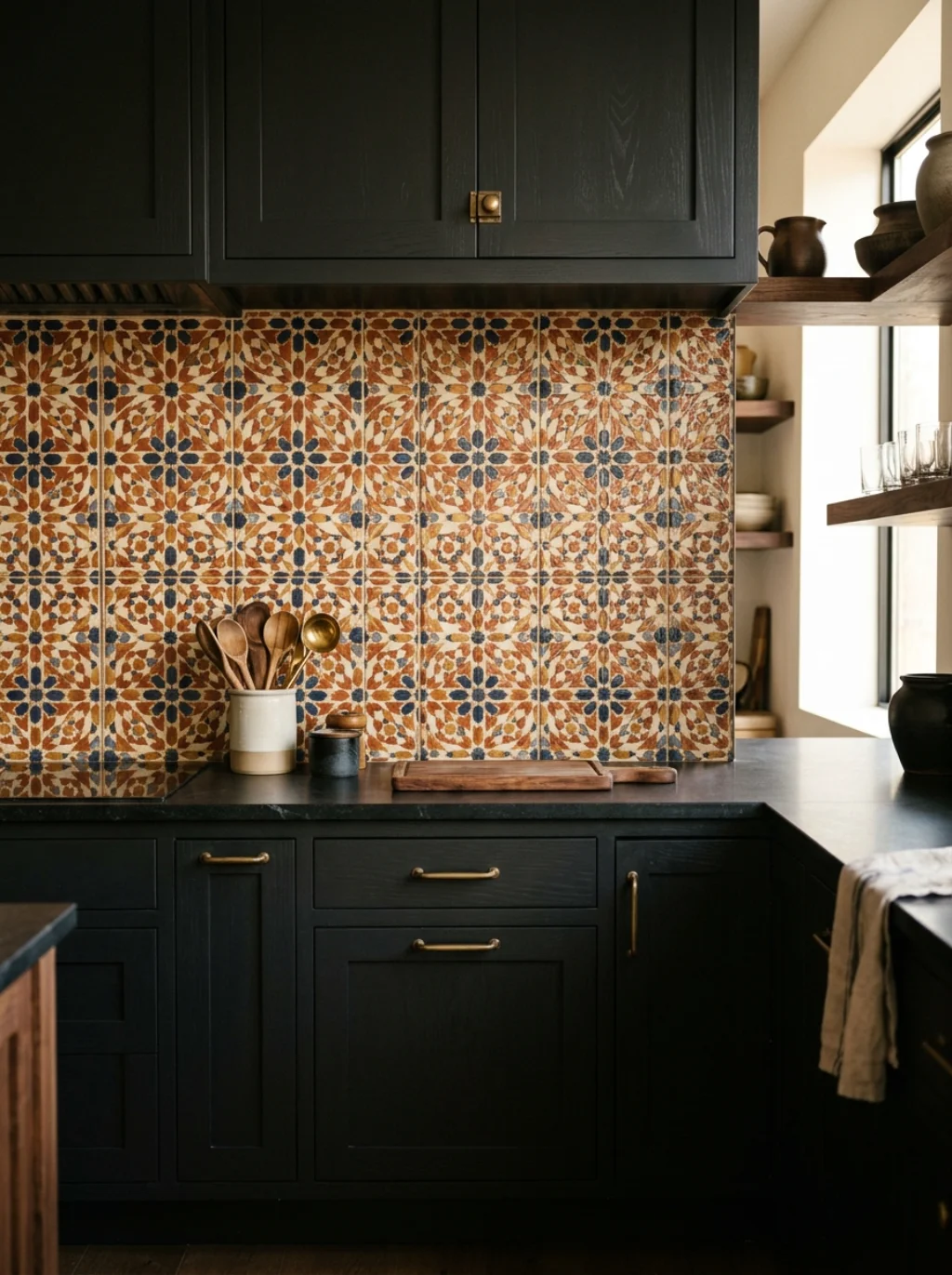 Patterned Tile Backsplash Behind Dark Cabinets When Subtle Is Not the Goal