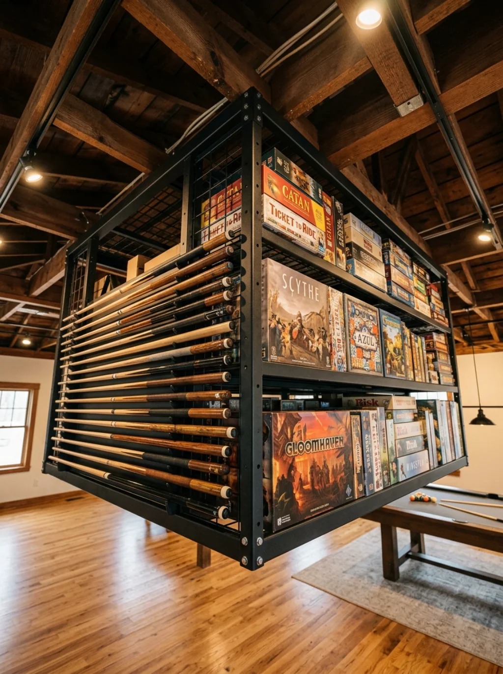 Ceiling Mounted Storage Frees Every Wall for Games and Glow