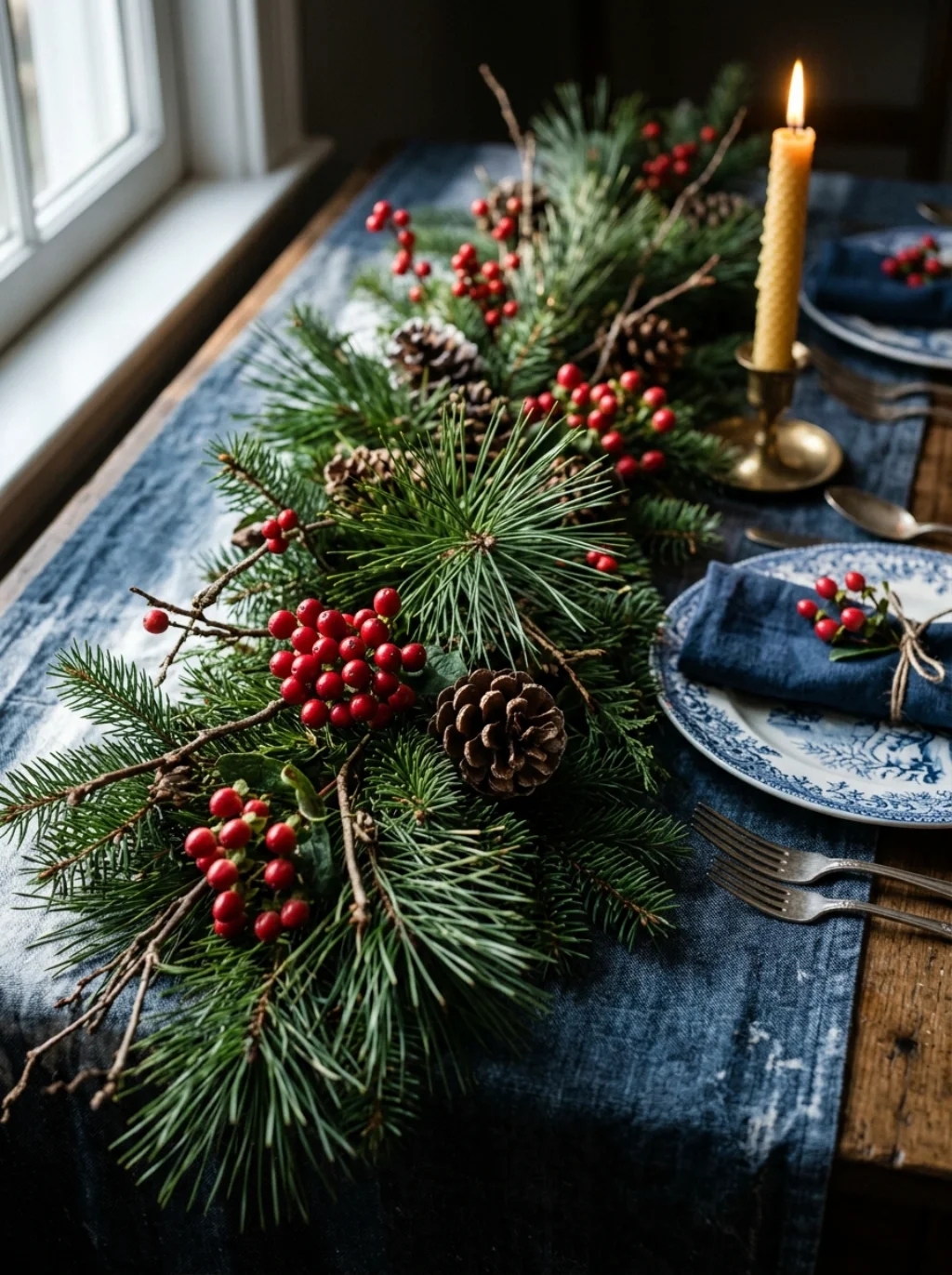 Evergreen Table Runners Ground a Room Full of Icy Blue Tones