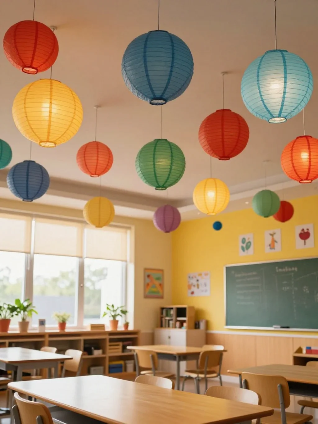 17. Paper Lanterns as Ceiling Hanging Classroom Decor