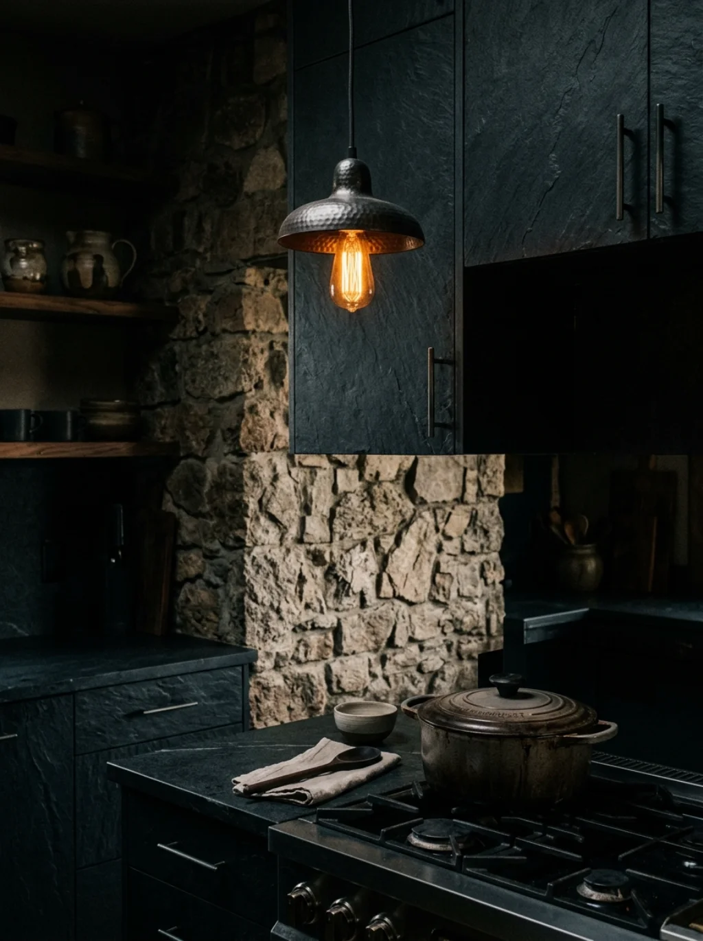 Stone Concrete and Brick Backsplash Ideas for the Truly Moody Dark Kitchen