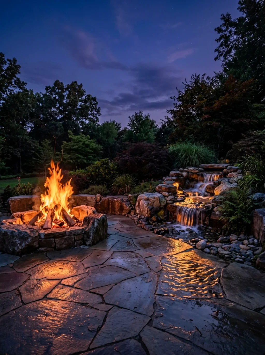 Water Features and Fire Pits Combined Into One Landscape Statement That Stuns
