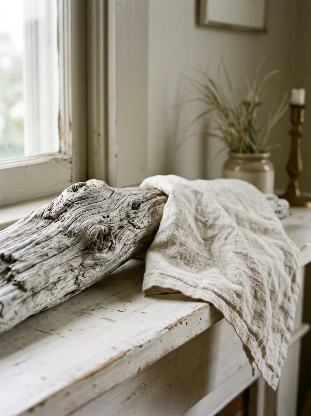 Driftwood and Linen Create a Coastal Grandmother Mantel Moment