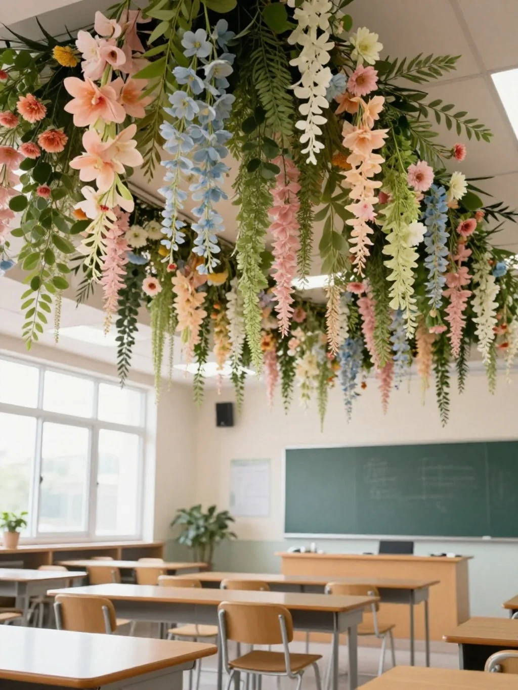 2. Floral Garland Ceiling Hanging Classroom Decor