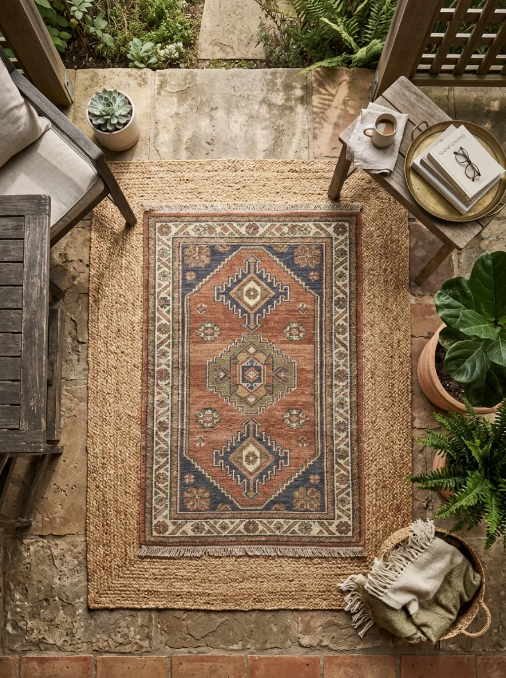 Layered Rugs and Woven Textures Create Instant Outdoor Warmth