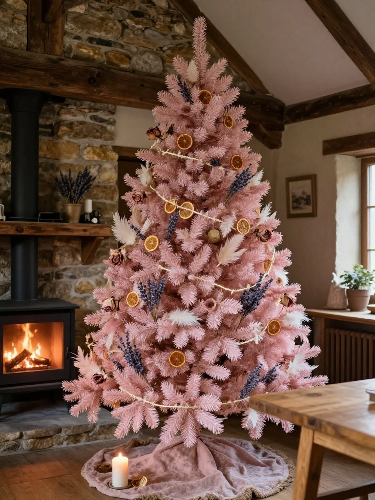 Cottagecore Pink Christmas Trees With Dried Florals and Soft Charm