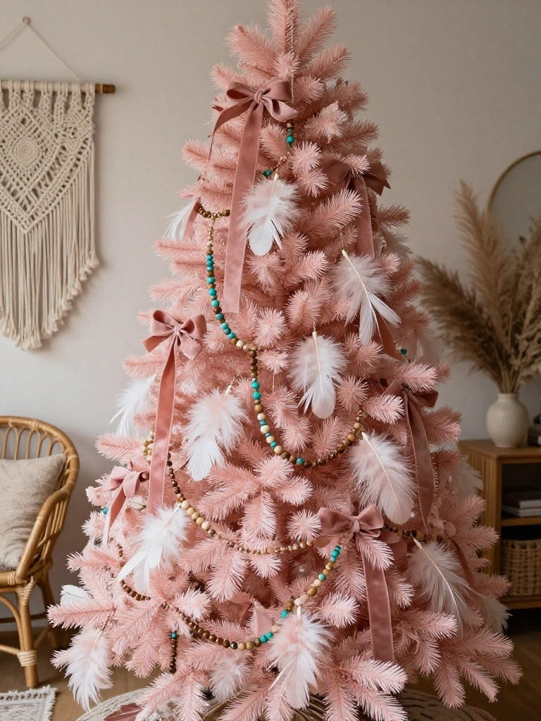 Pink Boho Christmas Trees With Feathers Beads and Free Spirited Flair