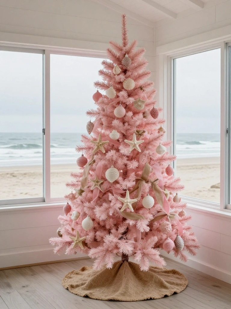 Pink Coastal Christmas Tree Styling With Shells and Soft Sandy Tones