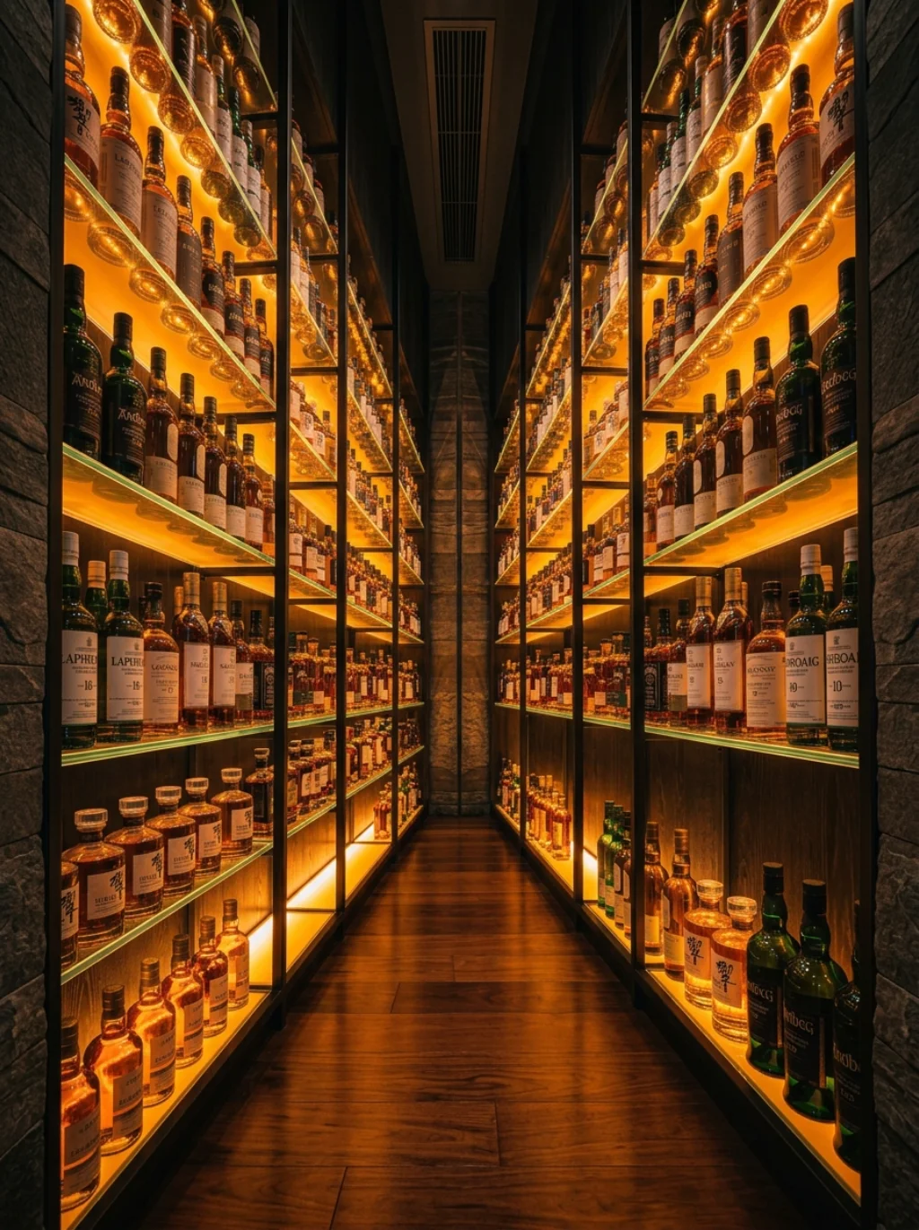 Backlit Glass Shelves Turn Whiskey Into Liquid Amber Sculpture