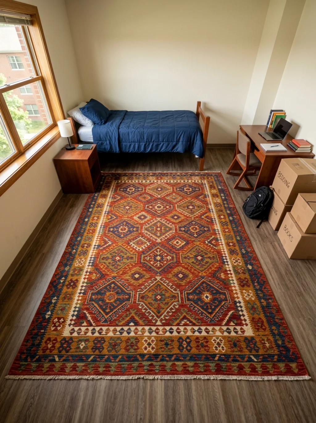A Bold Rug Anchors the Room Before a Single Poster Goes Up
