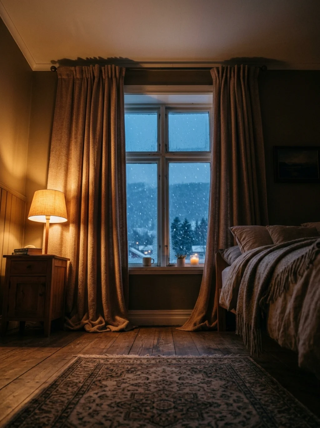 Heavy Curtains Trap Warmth and Silence the Winter Wind Outside