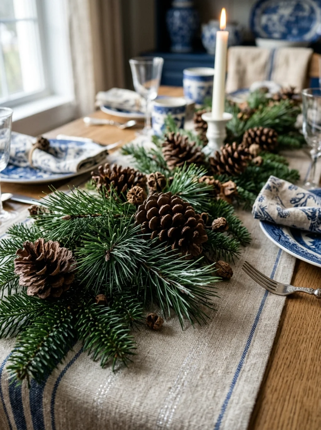 Pinecones and Evergreen Branches Bring Warmth Where Blue Feels Too Cold