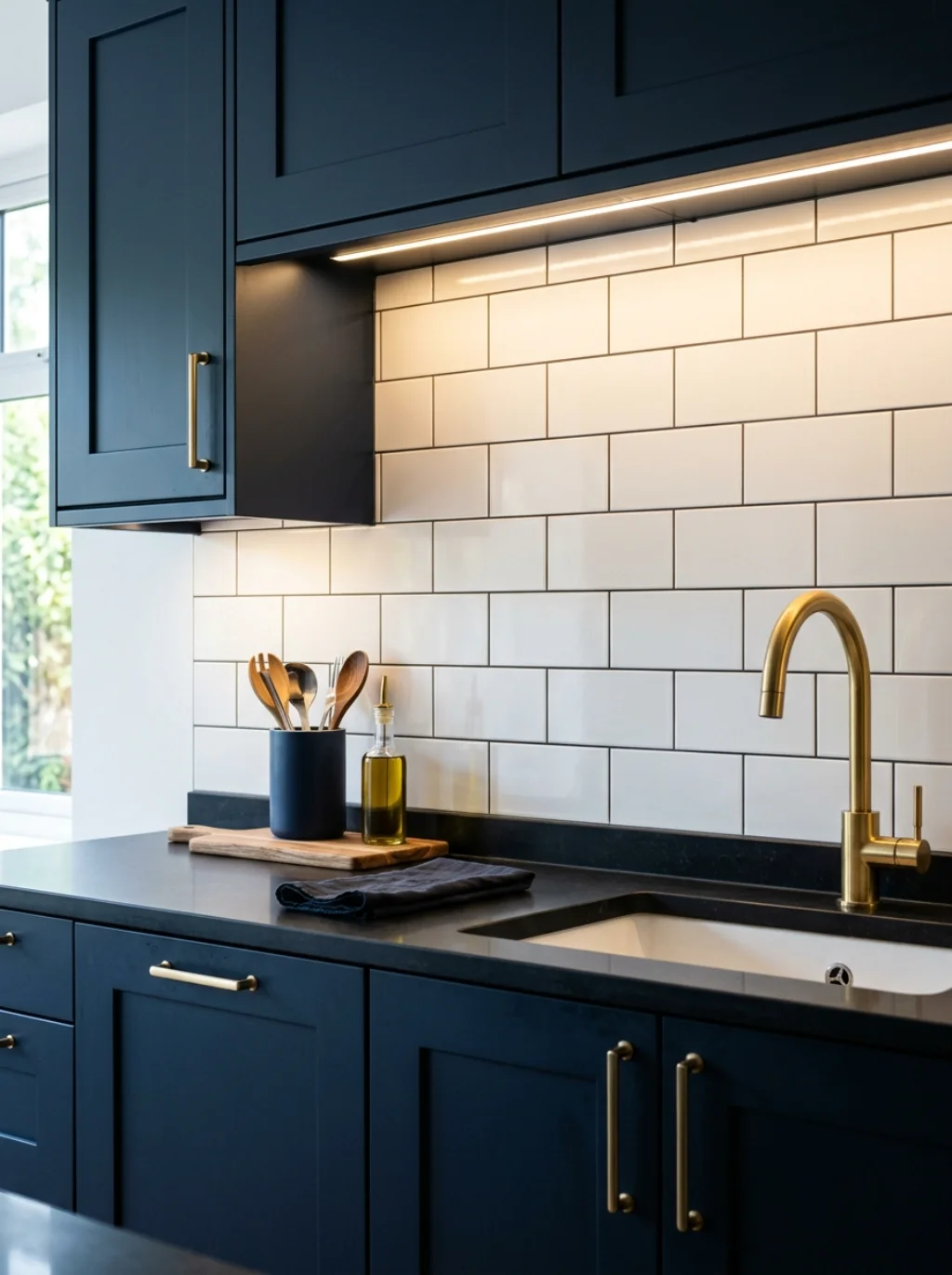 White Subway Tile Behind Dark Cabinets: The Classic Contrast Done Right