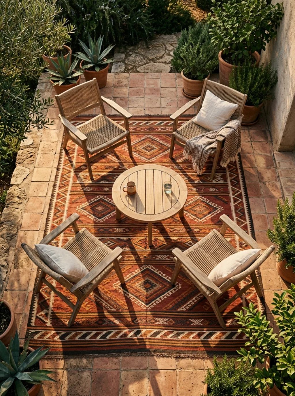 Woven Outdoor Rugs Turn Hard Concrete Into A Room With Soul